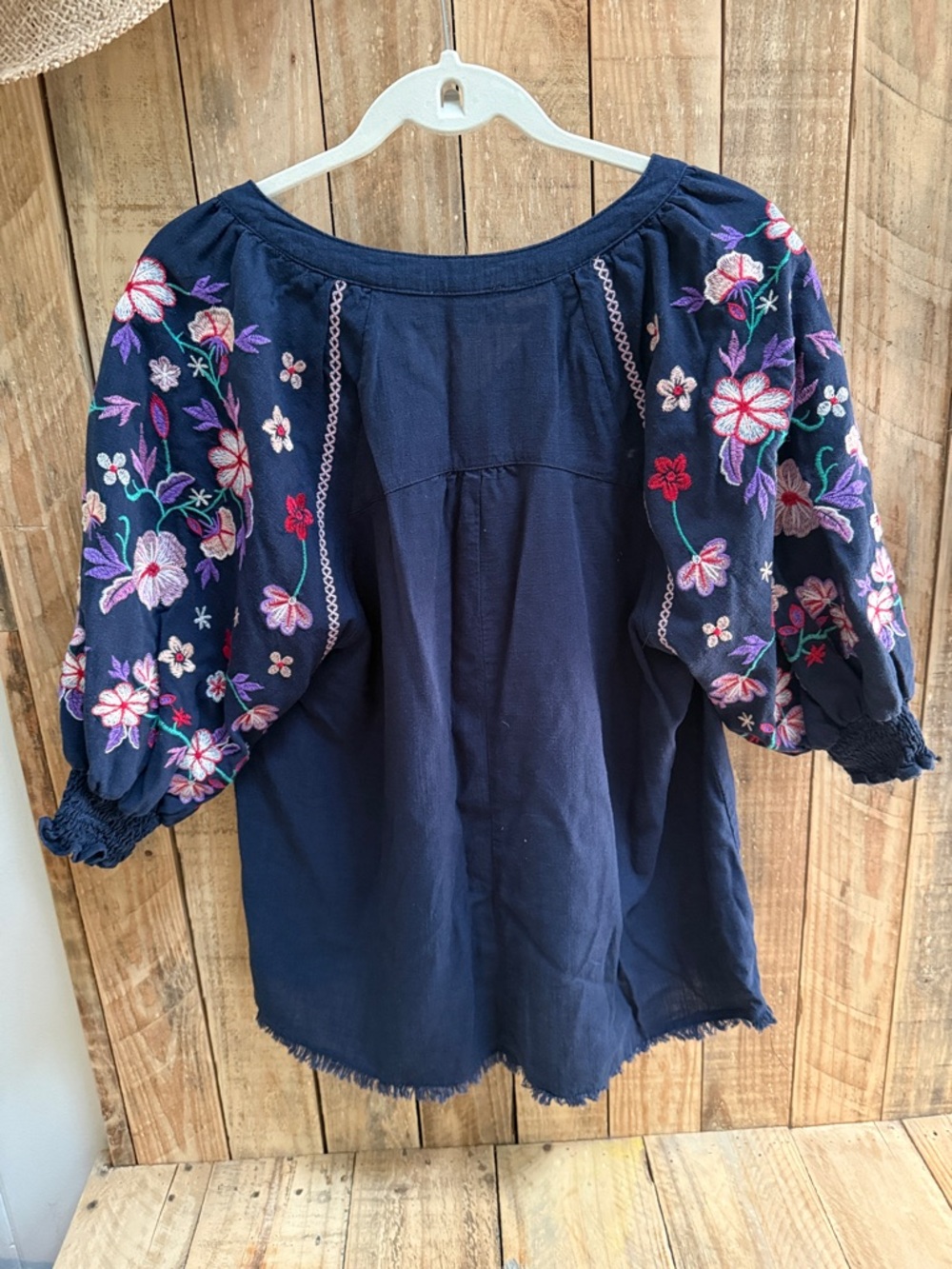 Umgee Navy Embroidered Blouse with Floral Sleeves - Picture 4 of 7